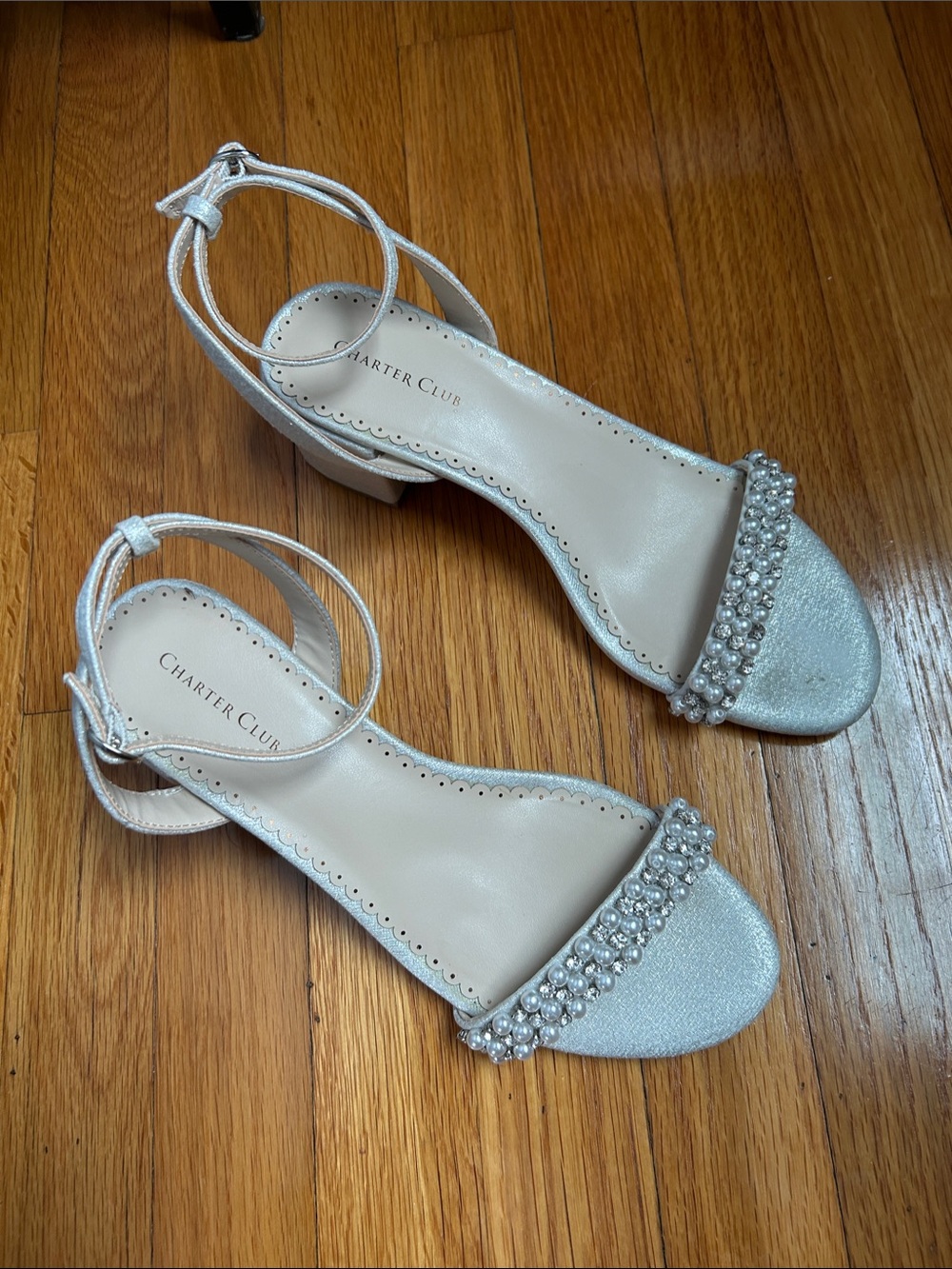 Charter Club Pearl-Embellished Silver Ankle-Strap Sandals